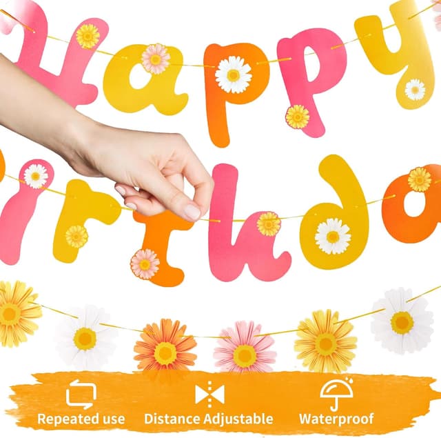 Detalle 2 de SUNBEAUTY 3er Girlande mit Gänseblümchen „Happy Birthday“ – Frühling/Party Banner für Deko