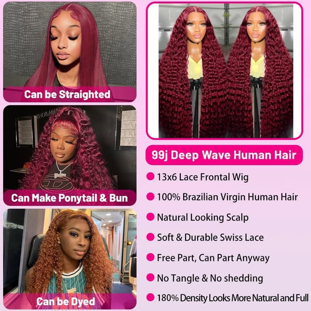 Detalle 2 de UTracycoy 99j Burgundy 13x6 Deep Wave Human Hair Lace Front Wig (180% density)