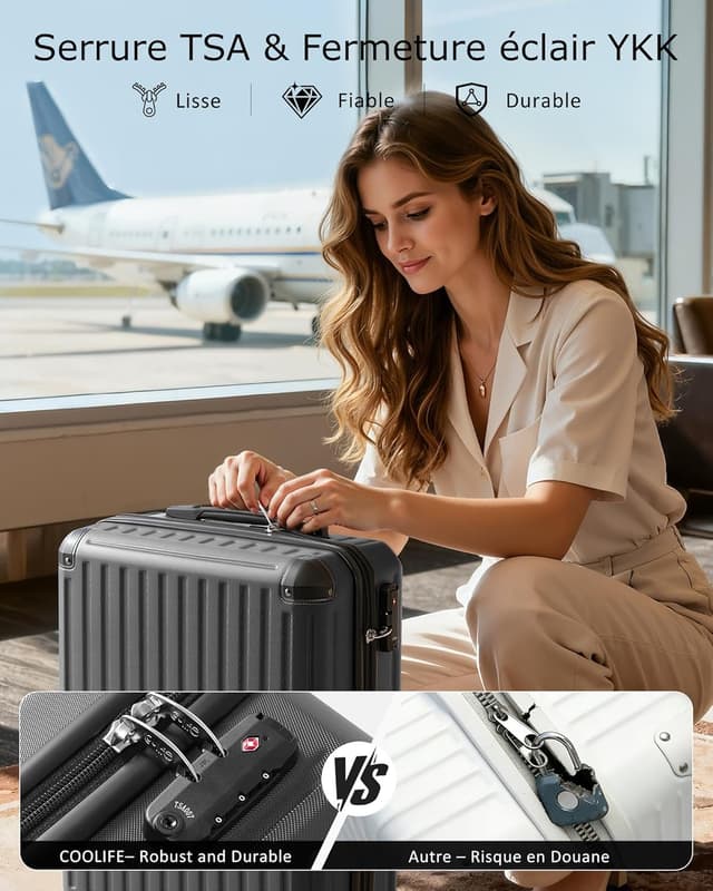 Detalle 2 de COOLIFE Valise cabine 55 x 35 x 20 cm + sac sous vide, serrure TSA et 4 roulettes jumelées (gris)