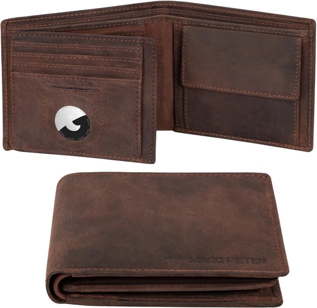 Detalle de Marc Peter® California AirTag Wallet mit Münzfach und RFID-Schutz – Vintage Braun Geldbörse