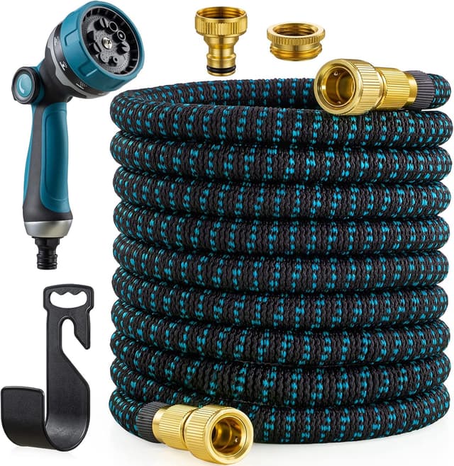 Detalle de JUNEBOW Gartenschlauch 15 m mit 10-Funktionen-Sprühkopf, flexibler Schlauch (3/4" & 1/2" Anschlüsse)