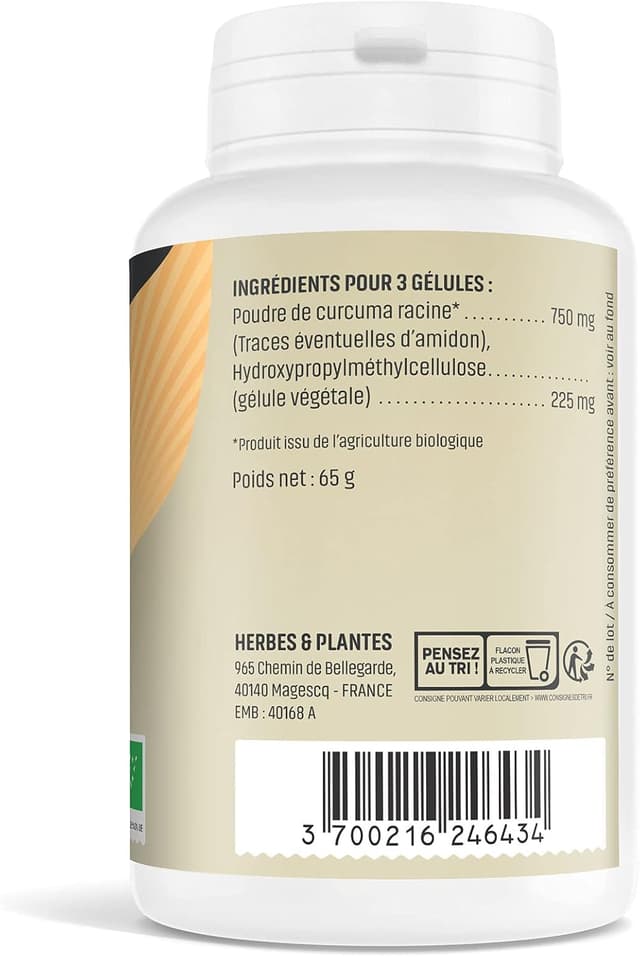 Detalle 1 de Herbes Et Plantes Curcuma Bio — 200 gélules végétales
