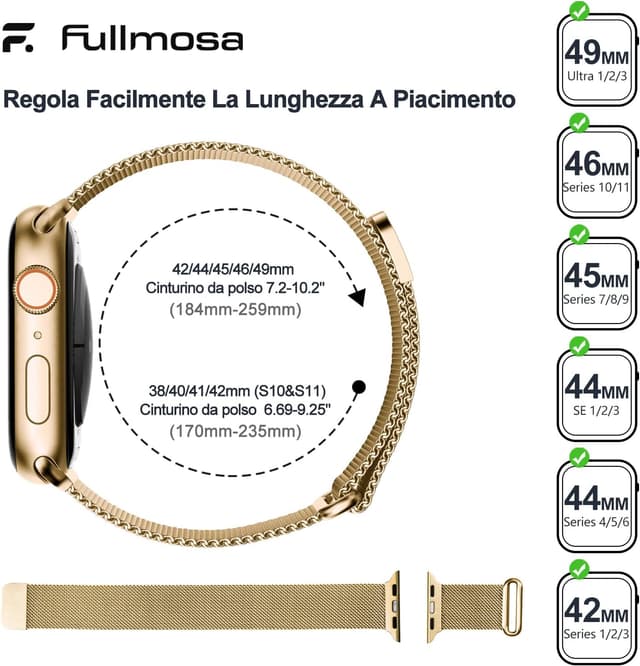 Detalle de Fullmosa cinturino in metallo Milanese compatibile con Apple Watch 44/45/46/42/49 mm (oro)