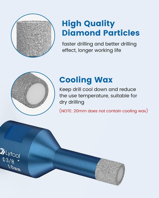 Detalle de Coffret 5 forets diamantés pour carrelage Lytool (6/6/8/10/20 mm) pour perceuse d’angle M14