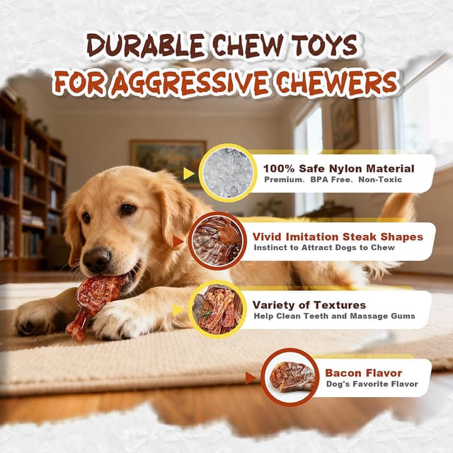 Detalle 2 de GASAPET Hrad Nylon Steak Dog Chew Toys (3-Pack) for Aggressive Chewers – Bacon Flavoured Teething & Play