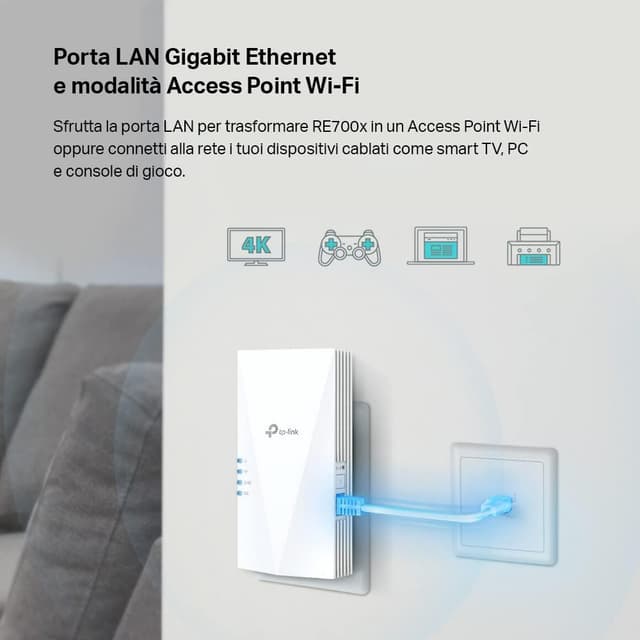 Detalle de TP-Link RE700X Ripetitore WiFi 6 Dual-Band AX3000 con 1 porta Gigabit e TP-Link OneMesh