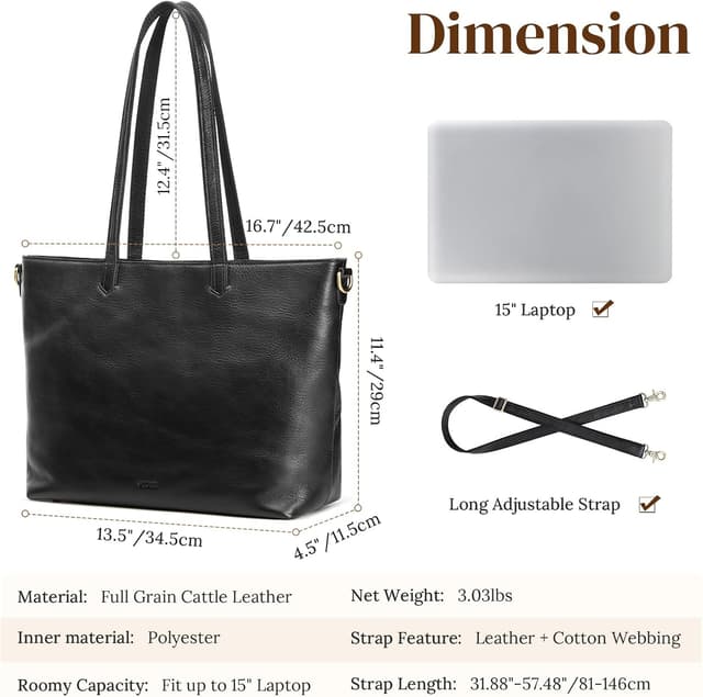 Detalle de S-ZONE Women’s leather tote crossbody bag set with laptop sleeve (large tote + wrist wallet)