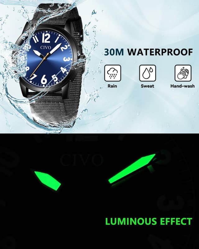 Detalle de CIVO Herren Analog-Uhr mit gut lesbarem Ziffernblatt, 42 mm, wasserdicht (3ATM) – leicht & bequemes Nylonband