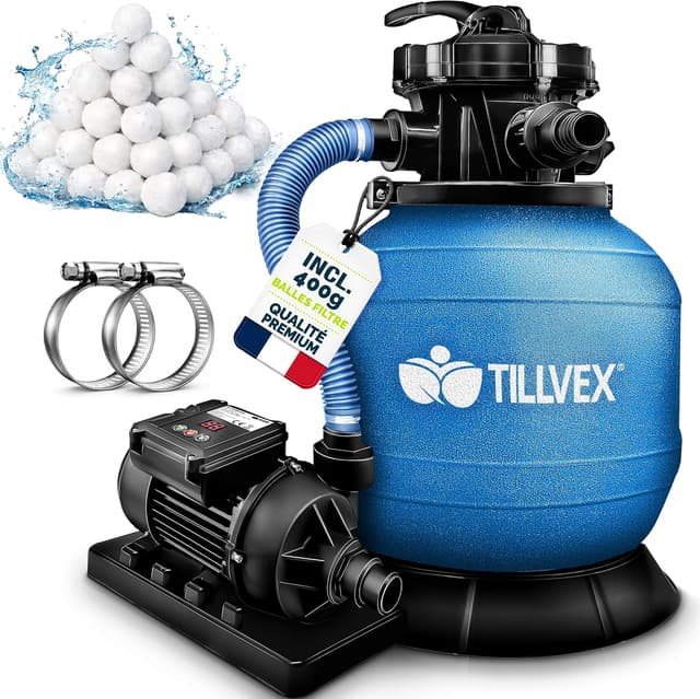Detalle de Système de filtre à sable tillvex® 7.900 L/h avec 400 g de boules de filtration, indicateur de pression et vannes 7 fonctions