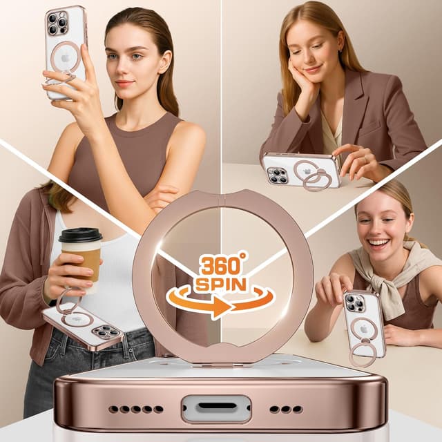 Detalle 2 de GOLBINBOX Desert Titanium Case for iPhone 16 Pro with 360° Magnetic Stand (MagSafe Compatible) — Rose Gold/Clear