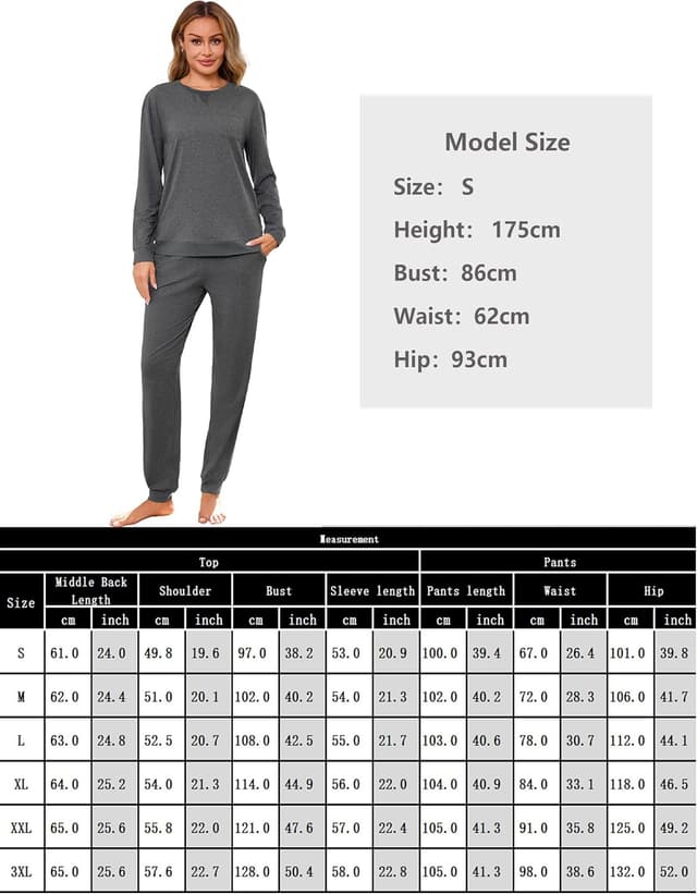 Detalle de Ensemble de pyjama femme Marvmys en coton 95% : manches longues d’hiver, col rond et poches (S à 3XL)