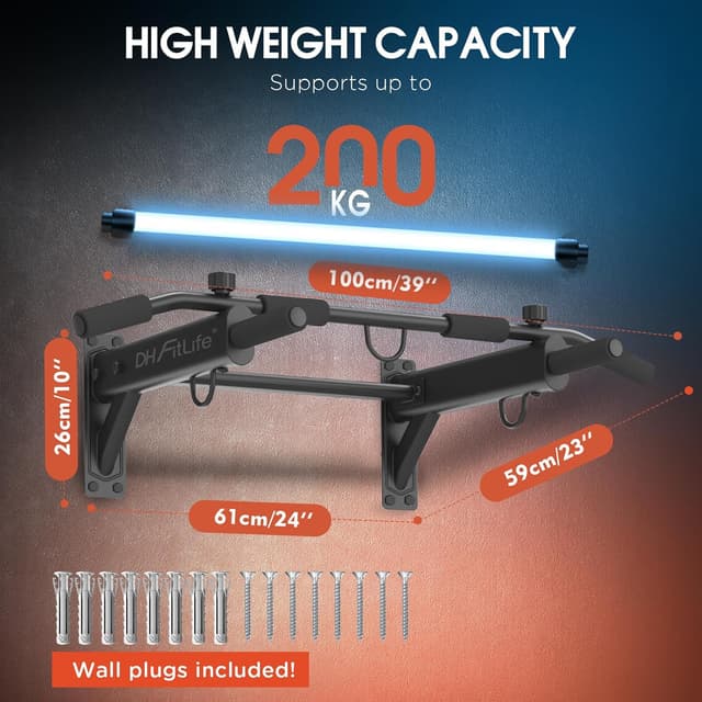 Detalle de DH FitLife 4-in-1 Wall-Mounted Pull Up Bar (Chin-Up Bar, 3 Hooks & Expansion Anchors) – Up to 200 kg