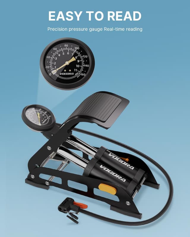 Detalle de VOGORA Bike Foot Pump Double Barrel with Schrader & Presta Valves and 160PSI Gauge