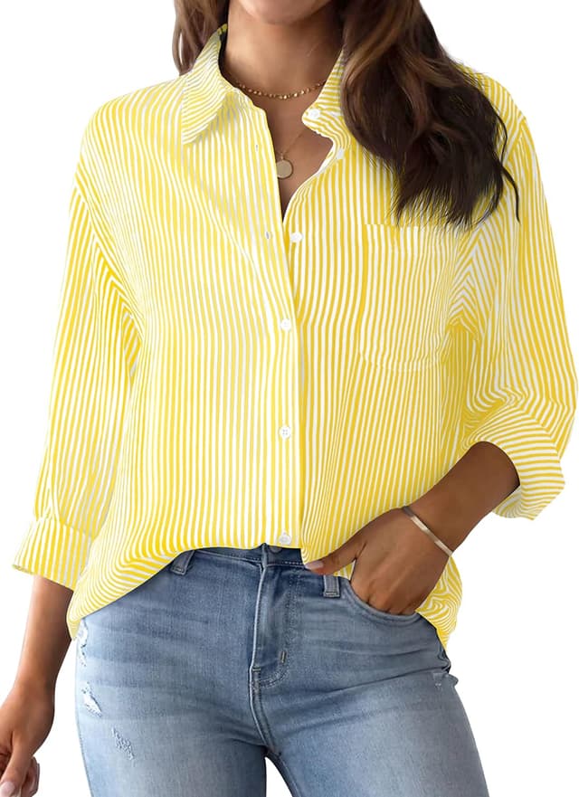 Detalle de AISEW Women’s Striped Button-Down Shirt with Chest Pocket (Long Sleeve, Collared Office Blouse)