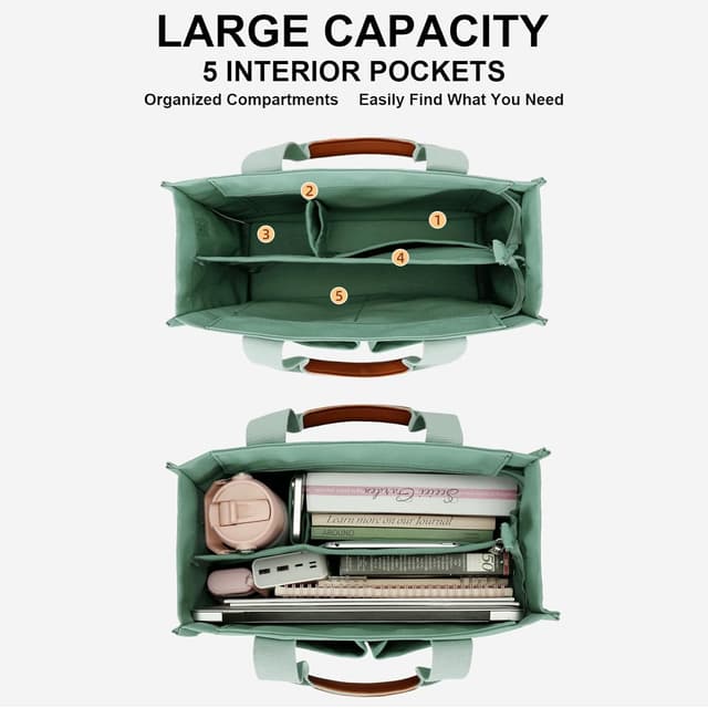 Detalle de KKXIU Large Canvas Tote Bag with Zipper, Compartments & Pockets