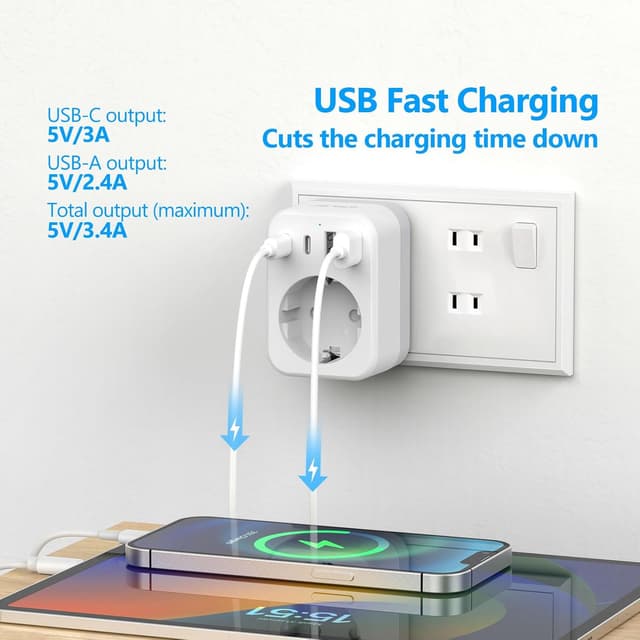 Detalle de JSVER Adaptateur prise Japon 5 en 1 Type A avec 2 USB-A et 2 USB-C (17 W)