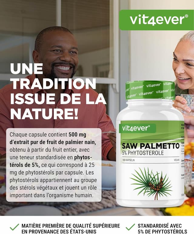 Detalle 2 de Extrait de Palmier Nain (Saw Palmetto) – 180 capsules de 500 mg, 5% phytostérols (25 mg) – Végane