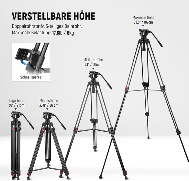Detalle 2 de NEEWER TP74 Videostativ (74") mit Fluidkopf, Dämpfungsregelung und QR-Platte – Heavy-Duty für DSLR & Camcorder