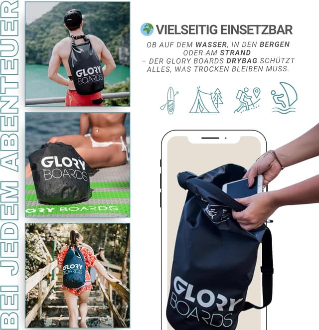 Detalle de Glory Boards Dry Bag 25L – wasserdichter Rucksack & Schwimmtasche für SUP, Kajak & Outdoor – gelb
