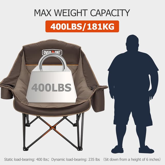 Detalle de OVERMONT Übergroßer klappbarer Campingstuhl/Campingsofa (bis 204 kg) mit Polsterung, Getränkehalter & Kühltasche
