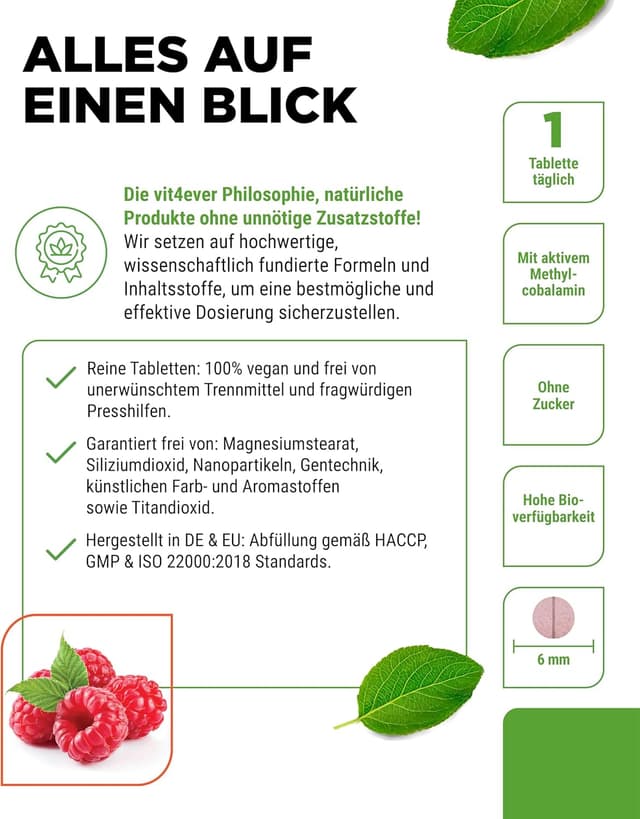 Detalle de Vitamin B12 Himbeere – 365 Lutschtabletten im Jahresvorrat mit 500 µg Methylcobalamin + Vitamin C (vegan)