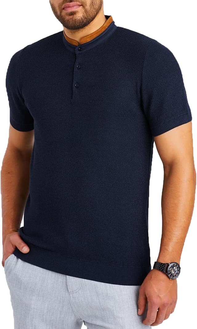 Detalle de Leif Nelson LN7705 : t-shirt homme à manches courtes en maille fine avec col grand-père