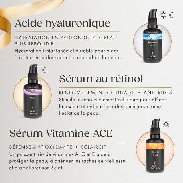 Detalle de Satin Naturel Coffret Cadeau Femme Acide Hyaluronique Sérum Visage + Vitamine C + Rétinol (3x30 ml)