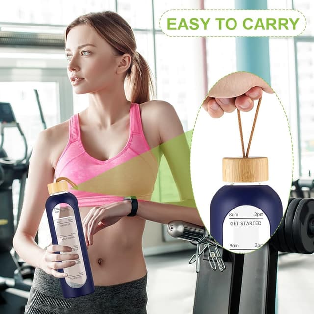 Thumbnail 6 de AOOWU gourde en verre borosilicate 1 L avec couvercle bambou, marqueur de temps et étui silicone