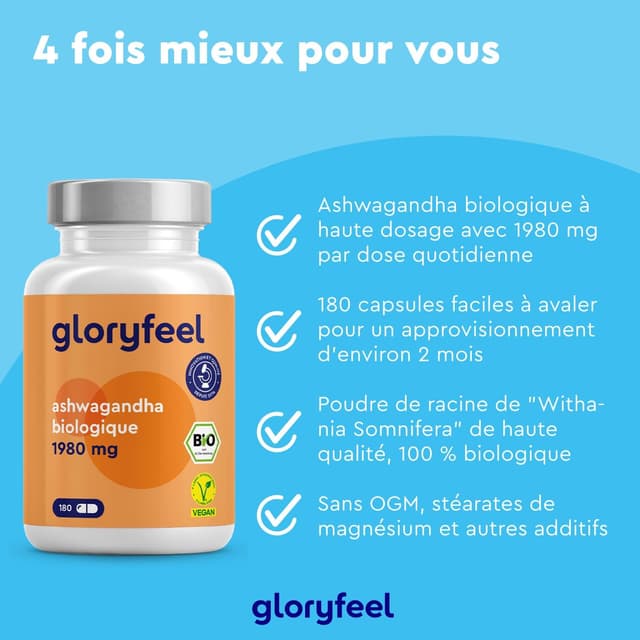 Detalle 2 de Gélules d’ashwagandha bio (baie du sommeil) Fortement dosées : 1 980 mg par jour