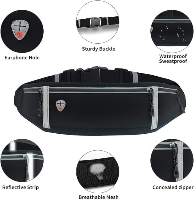 Detalle 2 de GORWRICH Running Belt with Waterproof Adjustable Elastic Strap (Full Black)