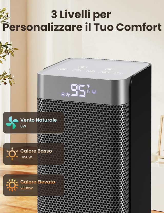 Detalle 2 de Stufetta Elettrica Basso Consumo PTC 2000W con 4 modalità, ECO, oscillazione e timer fino a 12 ore