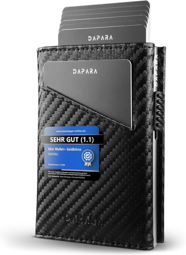 Detalle de DAPARA Herren-Slimwallet mit Münzfach, RFID-Schutz & Platz für 12 Karten (Carbon Silver)