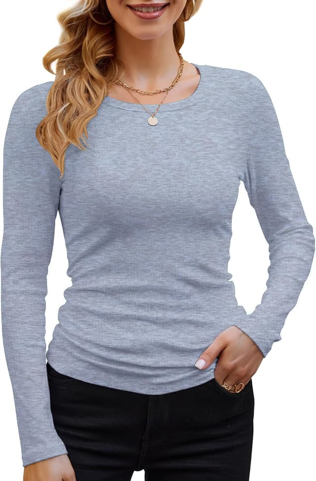 Thumbnail 6 de DUOEASE Damen Langarmshirt mit Rundhalsausschnitt – elastisches Rayon-Spandex Rippshirt für Alltag & Sport