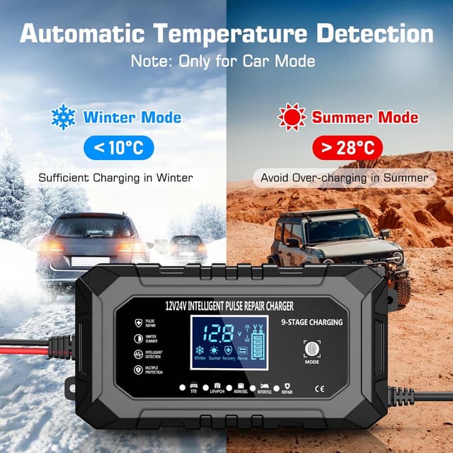 Detalle 2 de Husgw 12V 15A / 24V 8A caricabatterie per auto, moto e camion LiFePO4 con 9 livelli