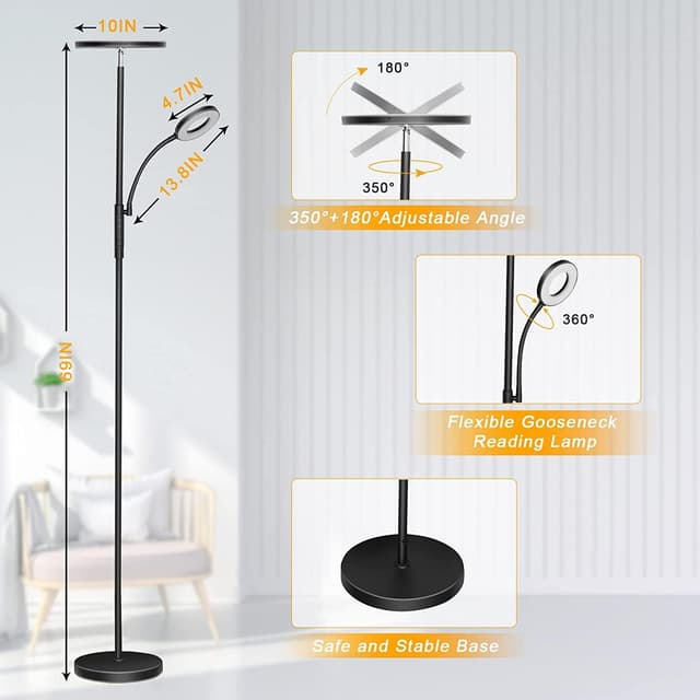 Detalle de LED Uplighter Floor Lamp 42W Dimmable Standing Lamp with Remote & Touch Control (Black)