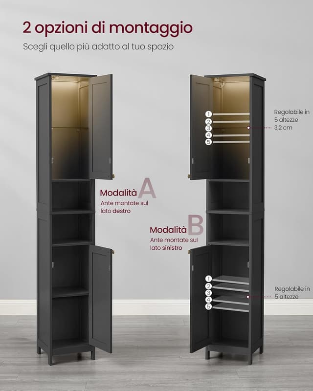 Detalle de VASAGLE Mobile da bagno a colonna con luce BBK566BC01, nero inchiostro, 30 cm