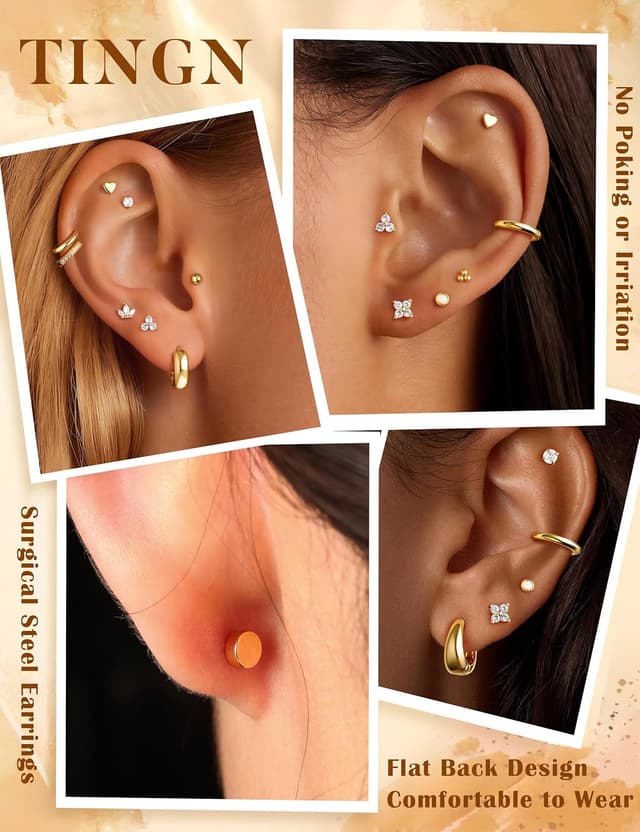 Detalle 2 de TINGN 14 Paar Ohrringe Set mit flachem Verschluss aus 316L-Edelstahl (chirurgischer Stahl), vergoldete Creolen & Ohrstecker
