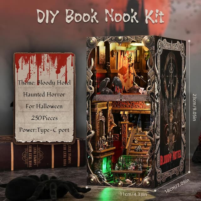 Detalle de ETKVR Book Nook Kit – Horror DIY Booknook Modell mit LCD, LED und Spiegelillusion für dein Bücherregal