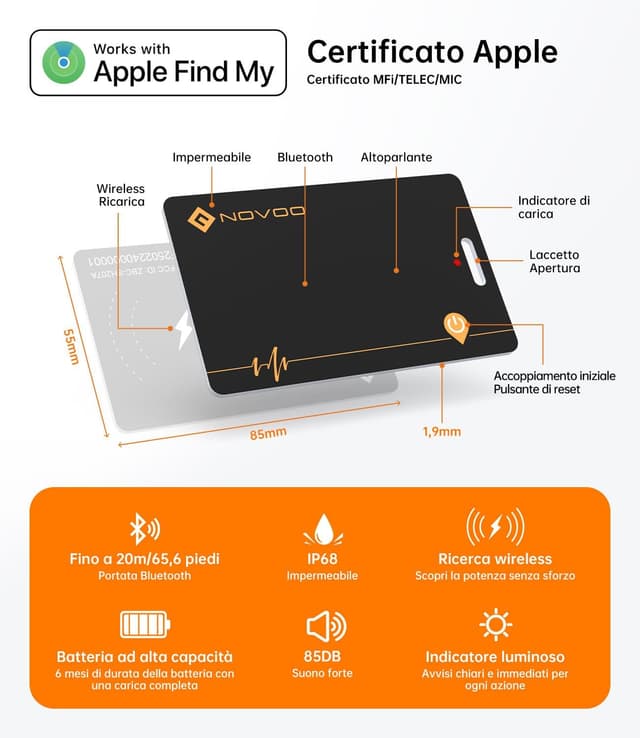 Detalle 2 de NOVOO Wallet Tracker Card con ricarica wireless: localizzatore Bluetooth per iPhone (solo iOS) con Apple Find My