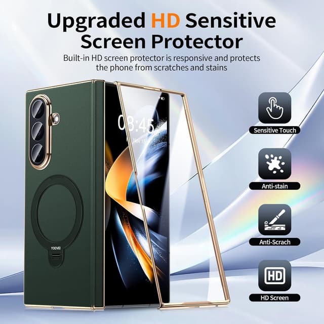 Detalle de YOOVEI Magnetic Leather Case for Samsung Galaxy Z Fold 7 with Hinge Protection, Kickstand & Screen Protector (Green)