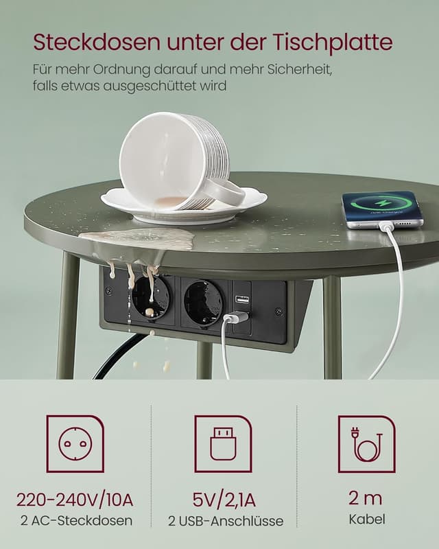 Detalle de VASAGLE Beistelltisch rund LET228C05 mit Steckdose, Stoffkorb & Stauraum (waldgrün-cremeweiß)