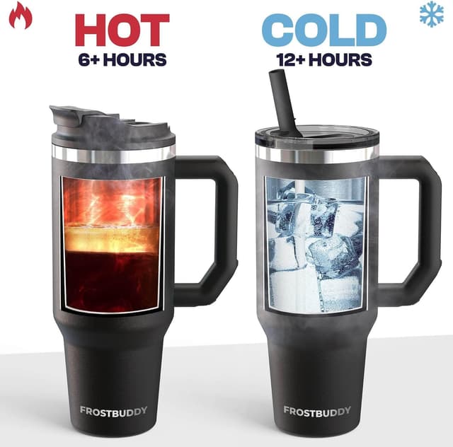 Detalle de Thicc Buddy 40 oz Double-Wall Stainless Steel Vacuum Tumbler (Black Floral) with Flip Lid and Straw