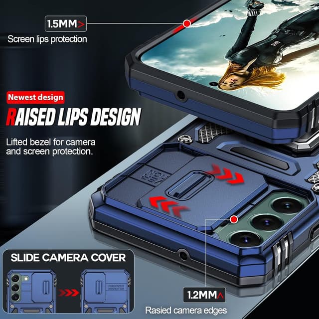 Detalle de LeYi Samsung Galaxy S22 5G Case with sliding camera cover and 360° ring stand (N-Blue)