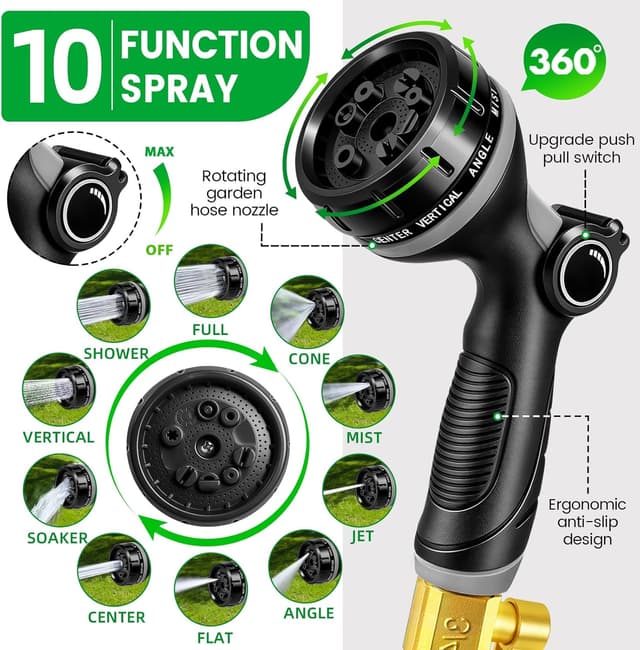 Detalle de Expandable Garden Hose Pipe 100FT with 10-Function Spray Nozzle – flexible, leakproof magic hose for garden & car washing