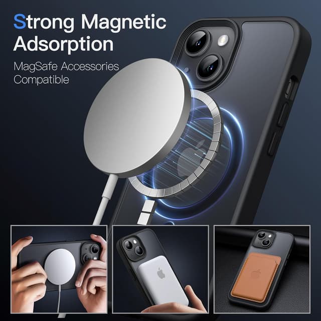 Detalle de JETech Cover magnetica per iPhone 15 6,1" compatibile con MagSafe, traslucida opaca posteriore sottile antiurto (nero)