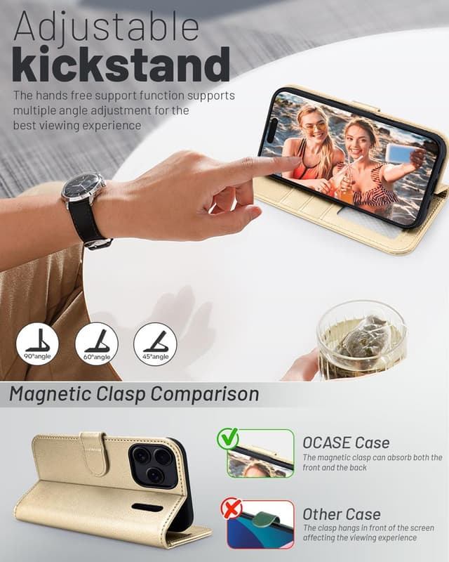 Detalle 2 de OCASE Hülle für iPhone 17 Pro Max 5G mit Kartenfach, Magnetverschluss, RFID-Blocker und Standfunktion (Gold)