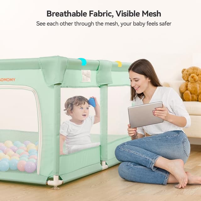 Detalle de COMOMY Laufstall Baby 127x127 cm mit Weichem Netz, Schutzgitter und Oxford-Boden (Grün)