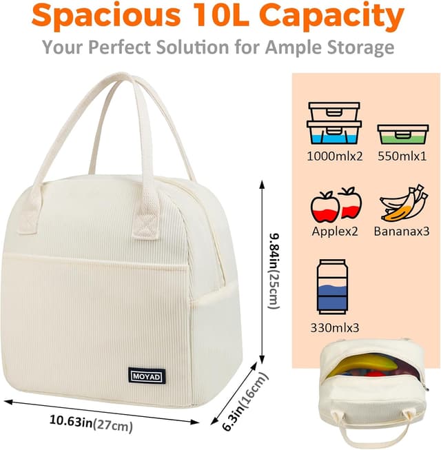 Detalle de Moyad reusable insulated lunch bag (10L) – white thermal tote for work, travel & picnics