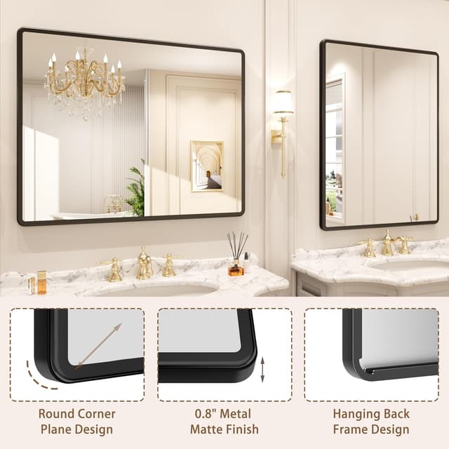 Detalle de pertetey New Upgrade Bathroom Mirror (24x36 in) — Black Metal Frame, Tempered Glass