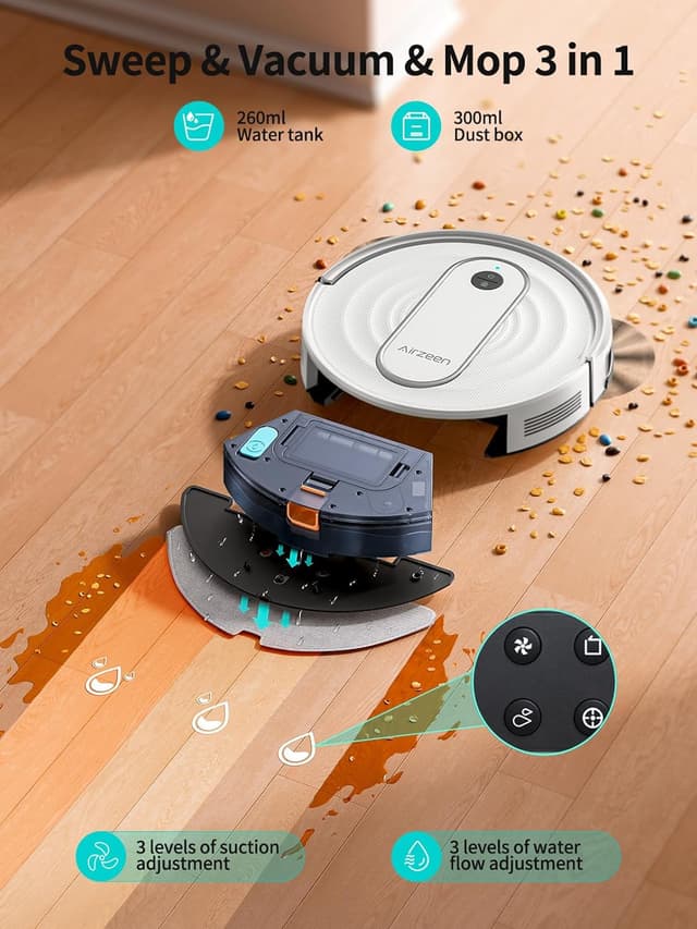 Detalle de Airzeen Robot Vacuum and Mop J10 with 4000Pa Suction, APP/Alexa Control, and Auto Self-Charging